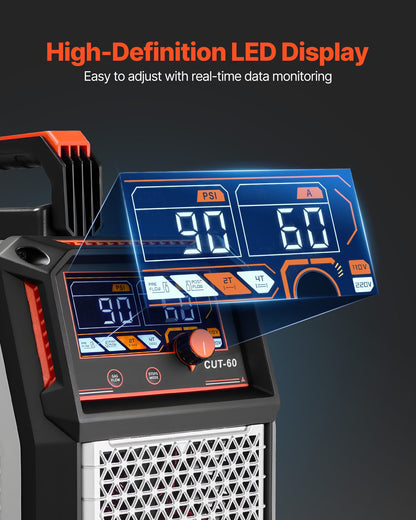 Plasmaskärare, 60A beröringsfri pilotbågsplasmaskärmaskin, digital display IGBT-växelriktare - med 2T/4T-funktion och justerbar PA/PT-tid för industriellt bruk (400V 3-fas strömförsörjning)