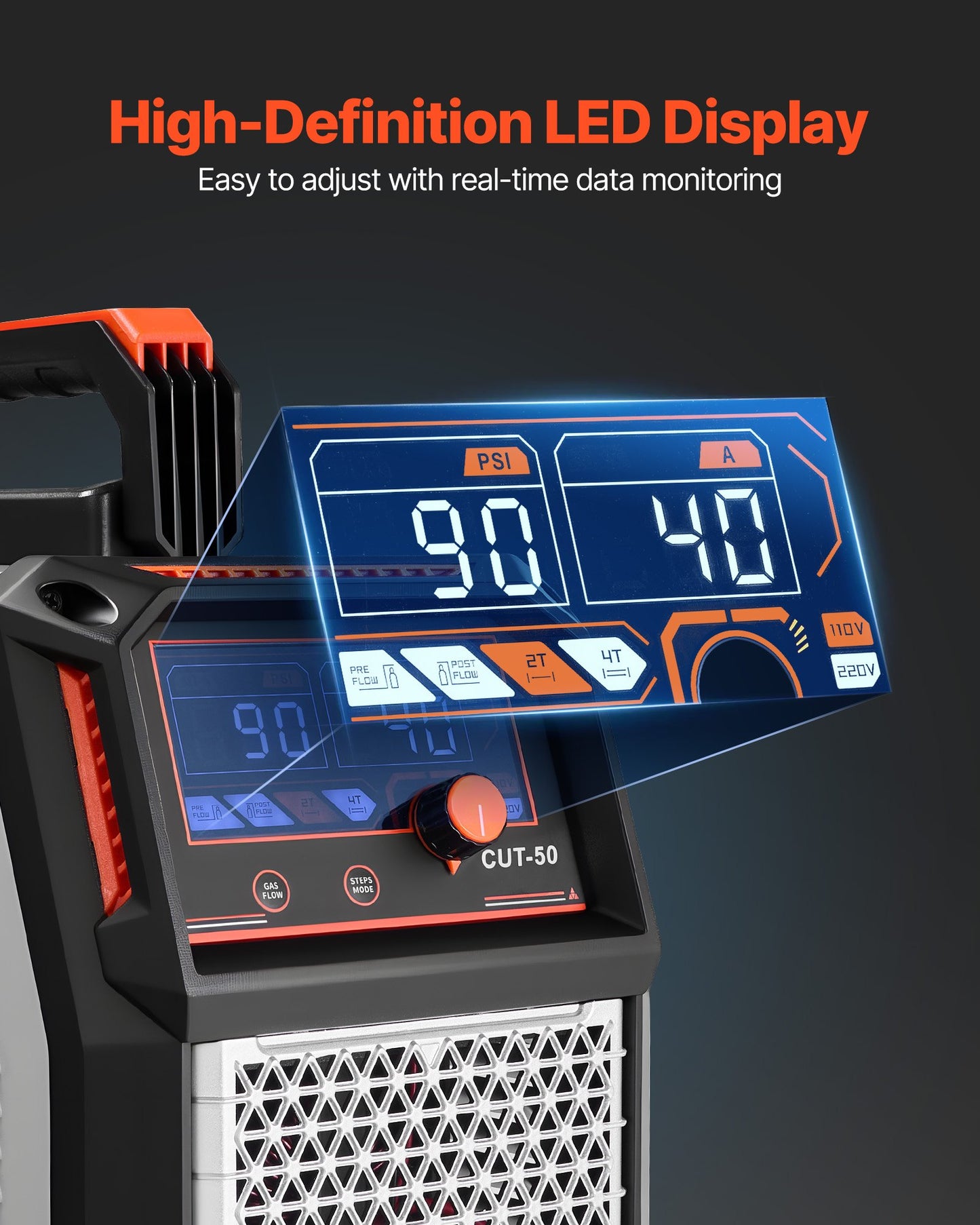 Plasmaskärare, 50A plasmaskärmaskin, 220V digital display IGBT-inverterkapmaskin med 2T/4T-funktion och justerbar PA/PT-tid för hemreparationer, verkstäder
