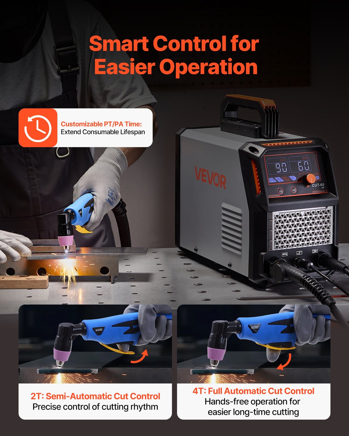 Plasma Cutter, 60A Plasma Cutting Machine, Digital Display IGBT Inverter Cutter Machine with 2T/4T Function & Adjustable PA/PT Time for Industrial Use (400V 3-Phase Power Supply)
