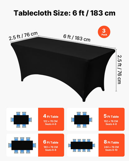 3-pack bordsdukar för 1,8 meter rektangulära evenemang, skrynkelresistenta svarta stretchdukar, tvättbara spandexdukar, för fest, bröllop, cocktail, bankett, festival