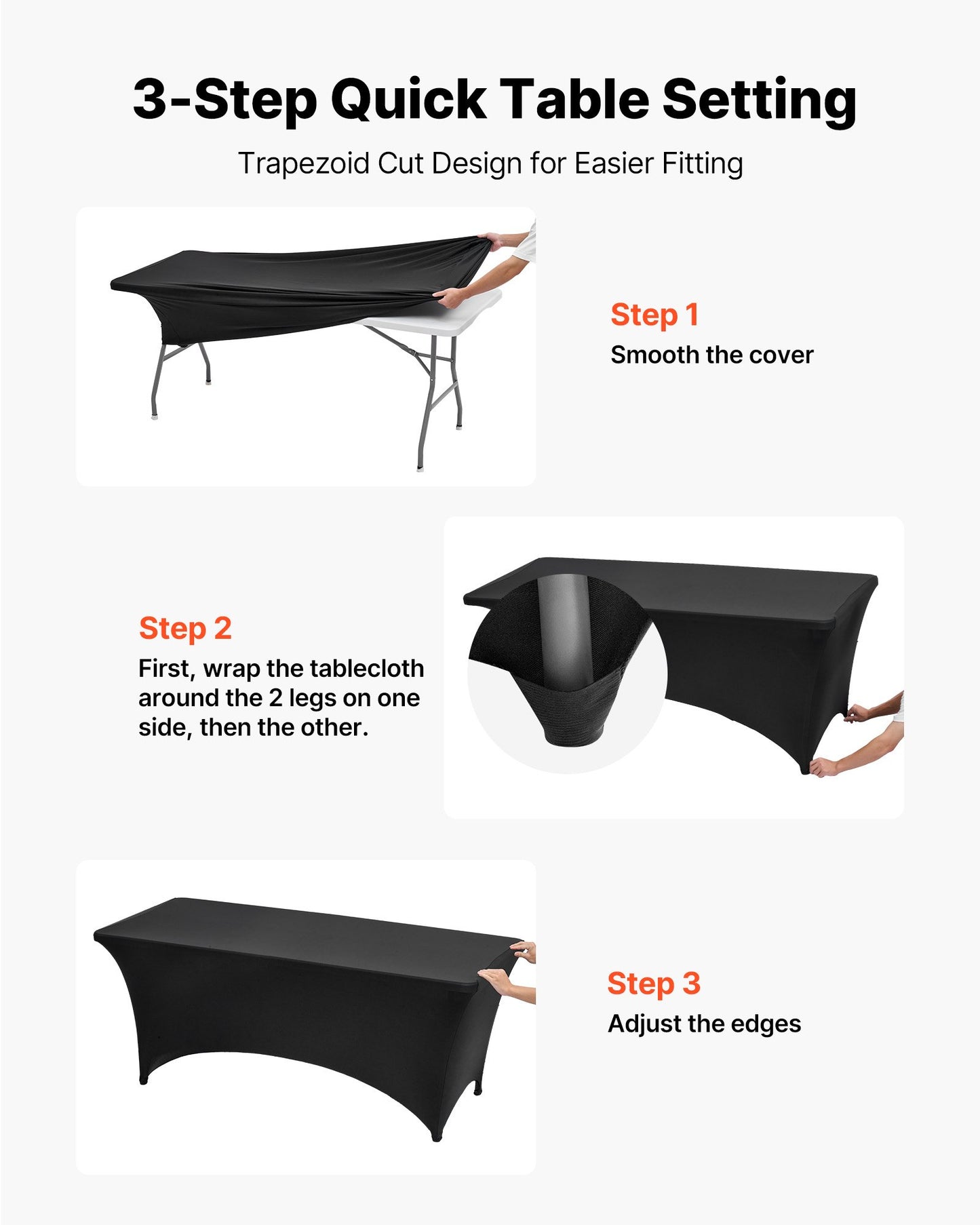 3-pack bordsdukar för 1,8 meter rektangulära evenemang, skrynkelresistenta svarta stretchdukar, tvättbara spandexdukar, för fest, bröllop, cocktail, bankett, festival