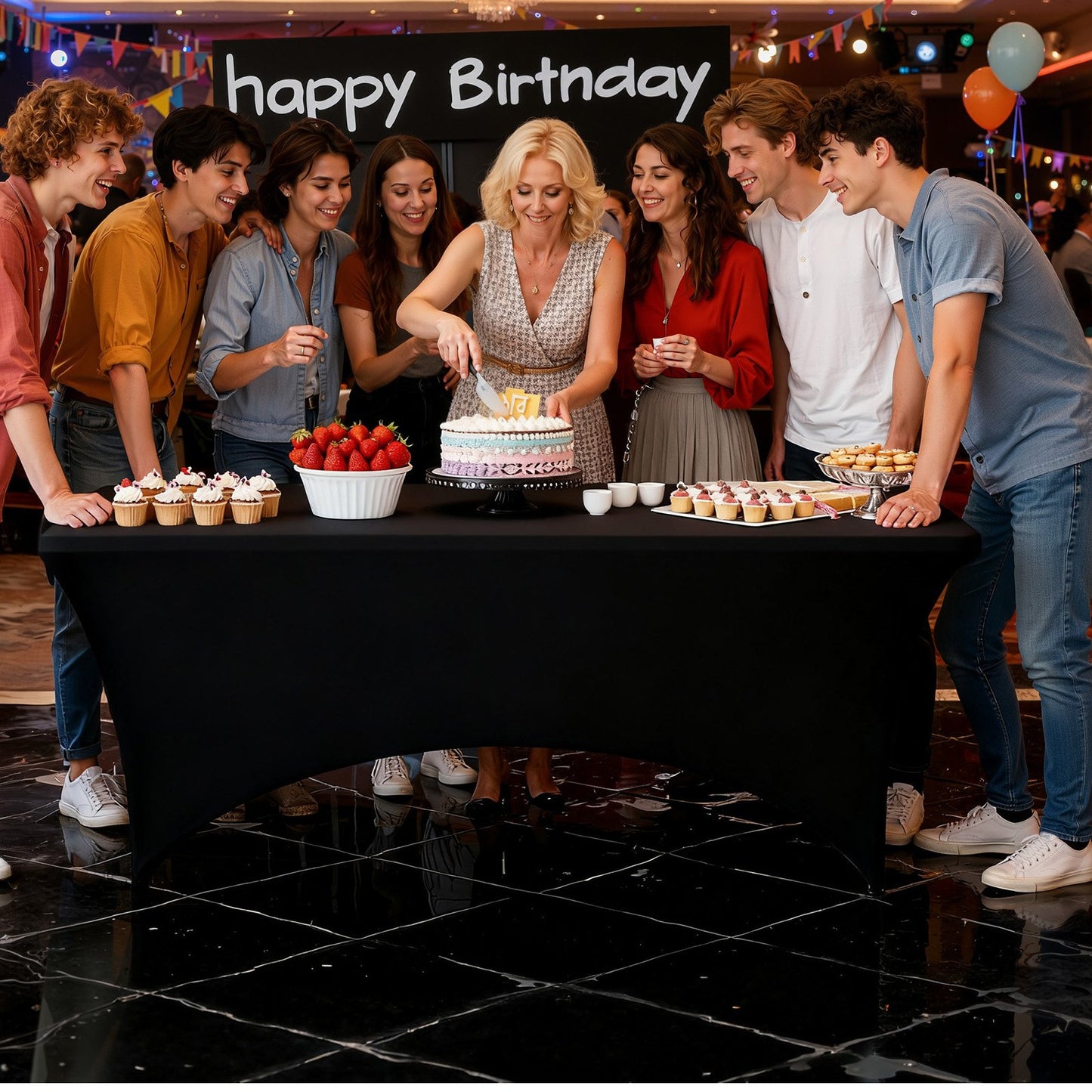 3-pack bordsdukar för 1,8 meter rektangulära evenemang, skrynkelresistenta svarta stretchdukar, tvättbara spandexdukar, för fest, bröllop, cocktail, bankett, festival