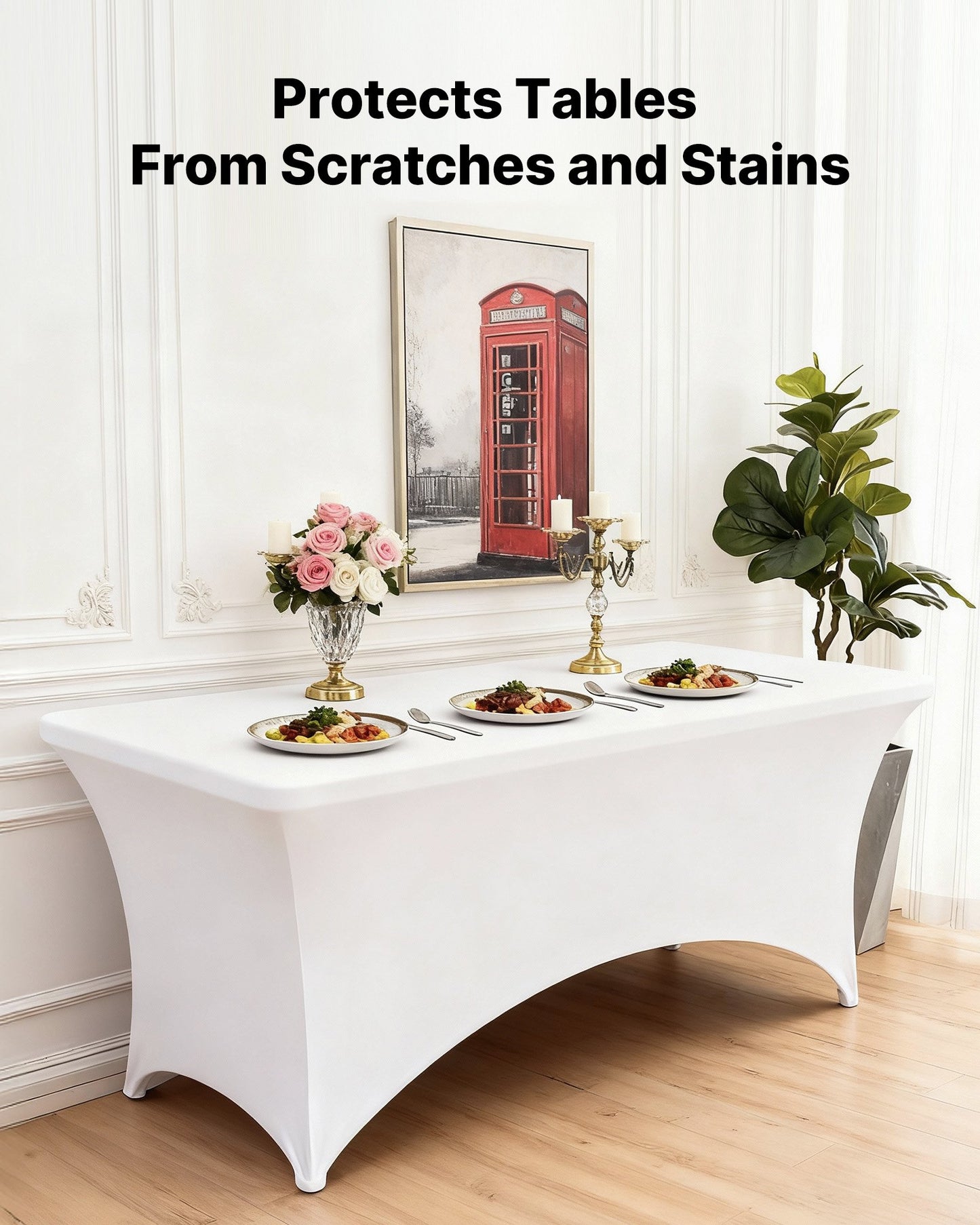 6-pack bordsdukar för 2,4 meter rektangulära evenemang, skrynkelresistenta vita stretchdukar, tvättbara spandexdukar, för fest, bröllop, cocktail, bankett, festival