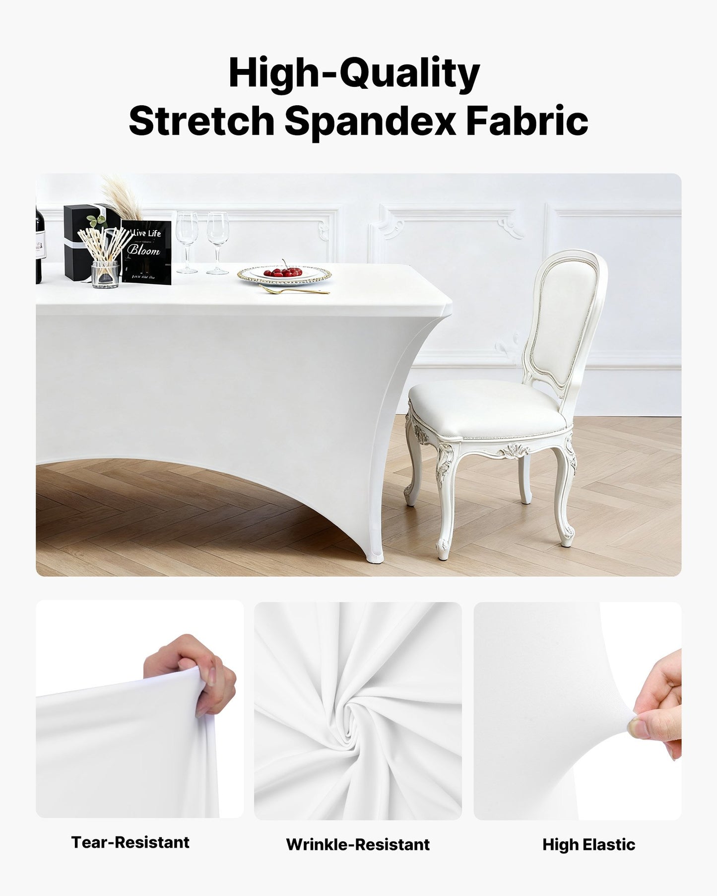 6-pack bordsdukar för 2,4 meter rektangulära evenemang, skrynkelresistenta vita stretchdukar, tvättbara spandexdukar, för fest, bröllop, cocktail, bankett, festival
