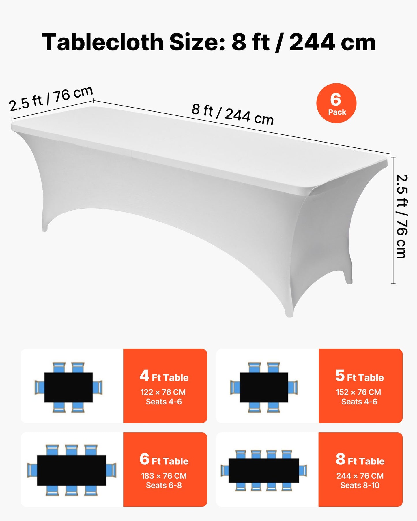 6-pack bordsdukar för 2,4 meter rektangulära evenemang, skrynkelresistenta vita stretchdukar, tvättbara spandexdukar, för fest, bröllop, cocktail, bankett, festival