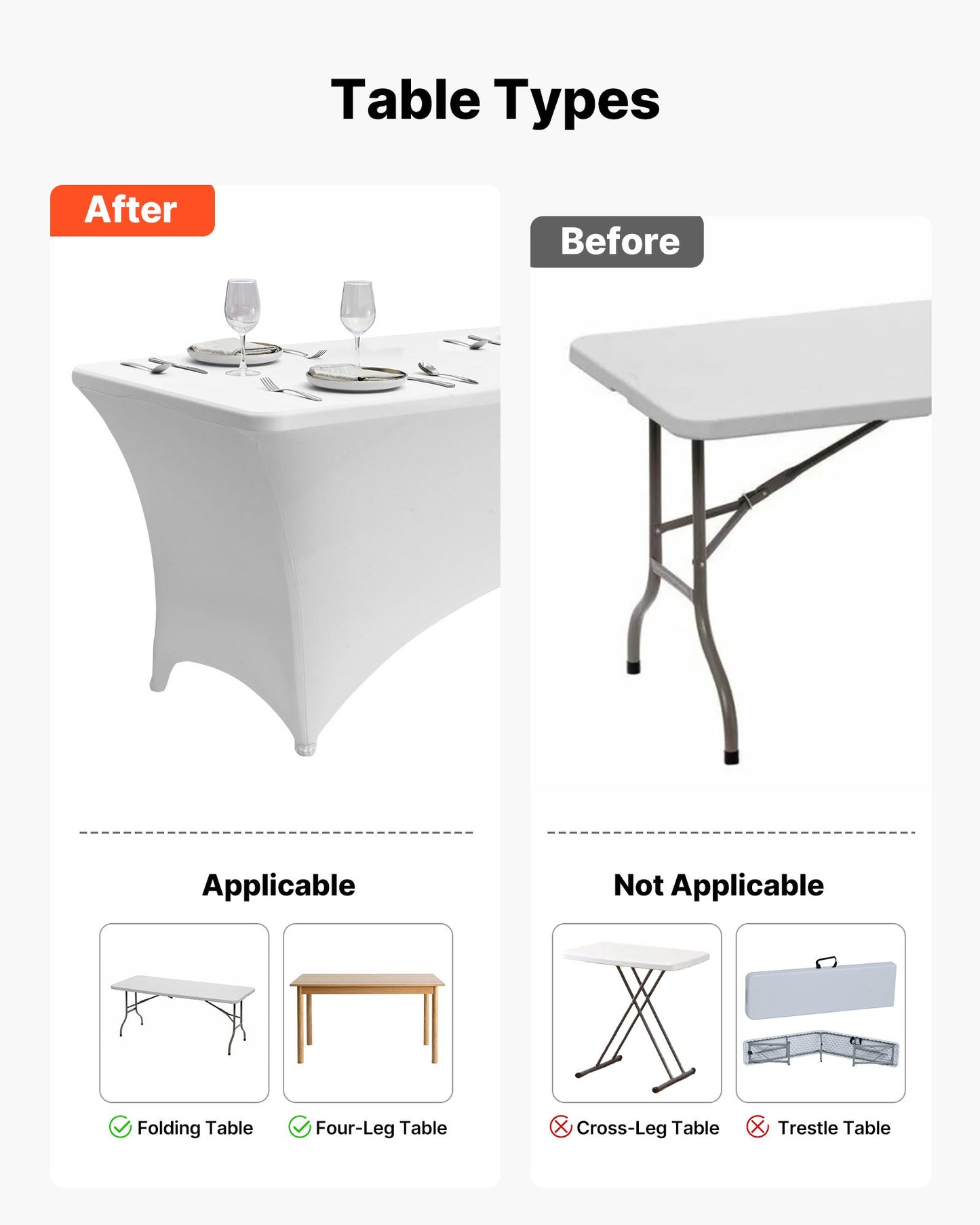 6-pack bordsdukar för 2,4 meter rektangulära evenemang, skrynkelresistenta vita stretchdukar, tvättbara spandexdukar, för fest, bröllop, cocktail, bankett, festival