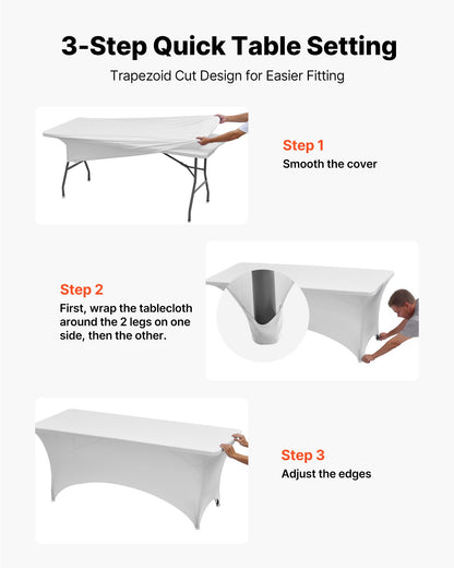 6-pack bordsdukar för 2,4 meter rektangulära evenemang, skrynkelresistenta vita stretchdukar, tvättbara spandexdukar, för fest, bröllop, cocktail, bankett, festival