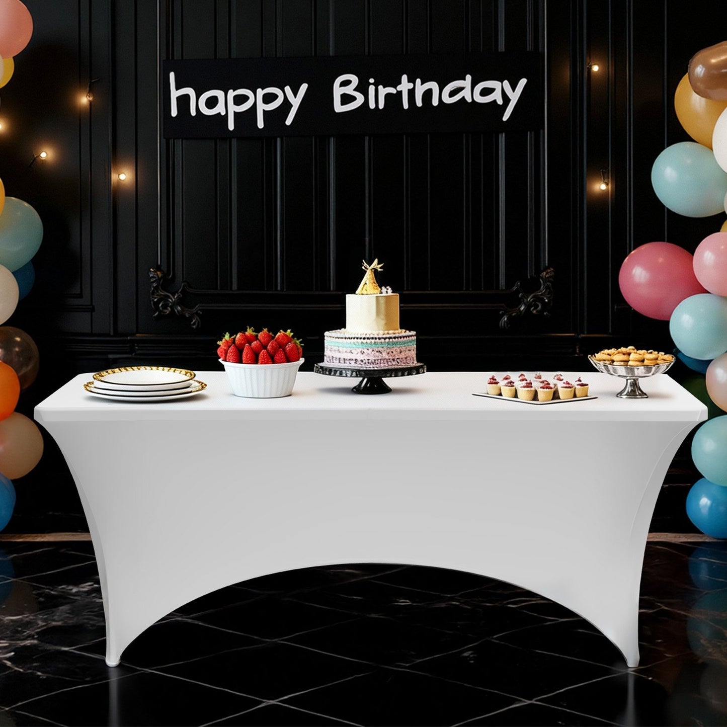 6-pack bordsdukar för 2,4 meter rektangulära evenemang, skrynkelresistenta vita stretchdukar, tvättbara spandexdukar, för fest, bröllop, cocktail, bankett, festival