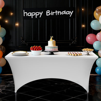 6-pack bordsdukar för 2,4 meter rektangulära evenemang, skrynkelresistenta vita stretchdukar, tvättbara spandexdukar, för fest, bröllop, cocktail, bankett, festival