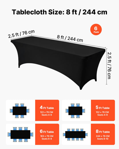 6-pack bordsdukar för 2,4 meter rektangulära evenemang, skrynkelresistenta svarta stretchdukar, tvättbara spandexdukar, för fest, bröllop, cocktail, bankett, festival
