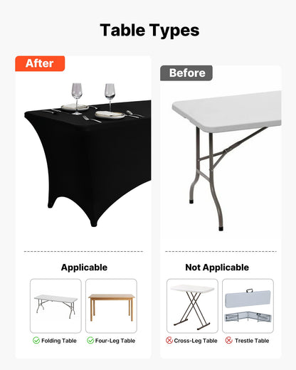 6-pack bordsdukar för 2,4 meter rektangulära evenemang, skrynkelresistenta svarta stretchdukar, tvättbara spandexdukar, för fest, bröllop, cocktail, bankett, festival