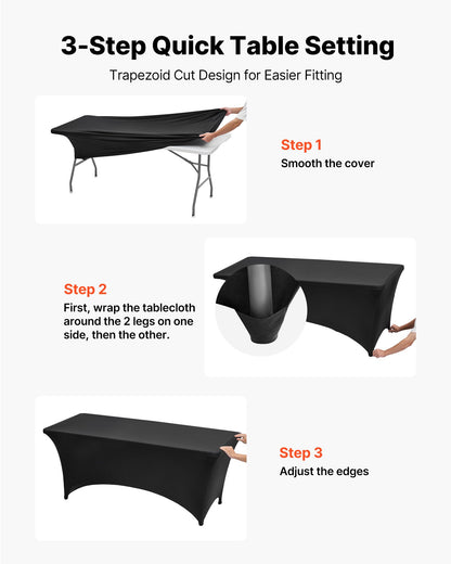 6-pack bordsdukar för 2,4 meter rektangulära evenemang, skrynkelresistenta svarta stretchdukar, tvättbara spandexdukar, för fest, bröllop, cocktail, bankett, festival