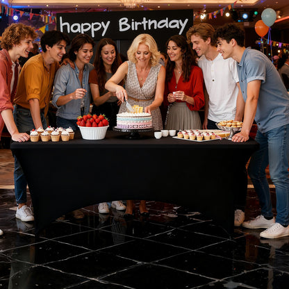 6-pack bordsdukar för 2,4 meter rektangulära evenemang, skrynkelresistenta svarta stretchdukar, tvättbara spandexdukar, för fest, bröllop, cocktail, bankett, festival