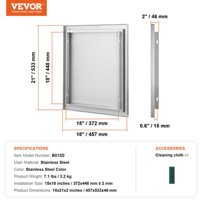 BBQ Access Door, 457x533 mm Single Outdoor Kitchen Door, Stainless Steel Flush Mount Door, Wall Vertical Door with Recessed Handle, for BBQ Island, Grilling Station, Outside Cabinet
