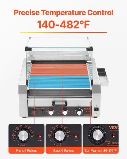 Hot Dog Roller, 30 Hot Dog 11 Rollers, Stainless Steel Sausage Grill Cooker, 2400W Hot Dog Machine with Bun Warmer, Cover, 3 Temp Control, Side Storage Box, Oil Drip Tray, for Home & Commercial