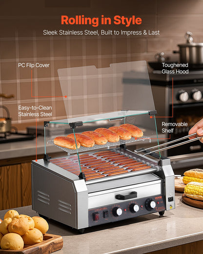 Hot Dog Roller, 30 Hot Dog 11 Rollers, Stainless Steel Sausage Grill Cooker, 2400W Hot Dog Machine with Bun Warmer, Cover, 3 Temp Control, Side Storage Box, Oil Drip Tray, for Home & Commercial