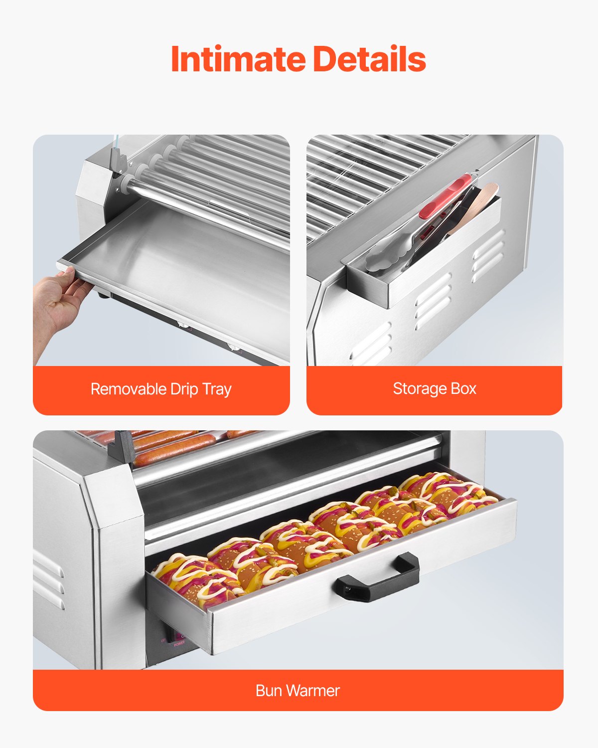 Hot Dog Roller, 30 Hot Dog 11 Rollers, Stainless Steel Sausage Grill Cooker, 2400W Hot Dog Machine with Bun Warmer, Cover, 3 Temp Control, Side Storage Box, Oil Drip Tray, for Home & Commercial