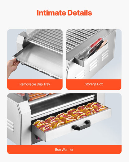 Hot Dog Roller, 30 Hot Dog 11 Rollers, Stainless Steel Sausage Grill Cooker, 2400W Hot Dog Machine with Bun Warmer, Cover, 3 Temp Control, Side Storage Box, Oil Drip Tray, for Home & Commercial