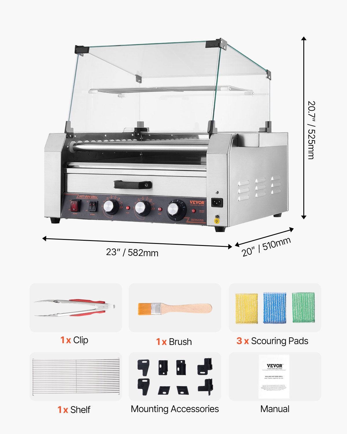 Hot Dog Roller, 30 Hot Dog 11 Rollers, Stainless Steel Sausage Grill Cooker, 2400W Hot Dog Machine with Bun Warmer, Cover, 3 Temp Control, Side Storage Box, Oil Drip Tray, for Home & Commercial