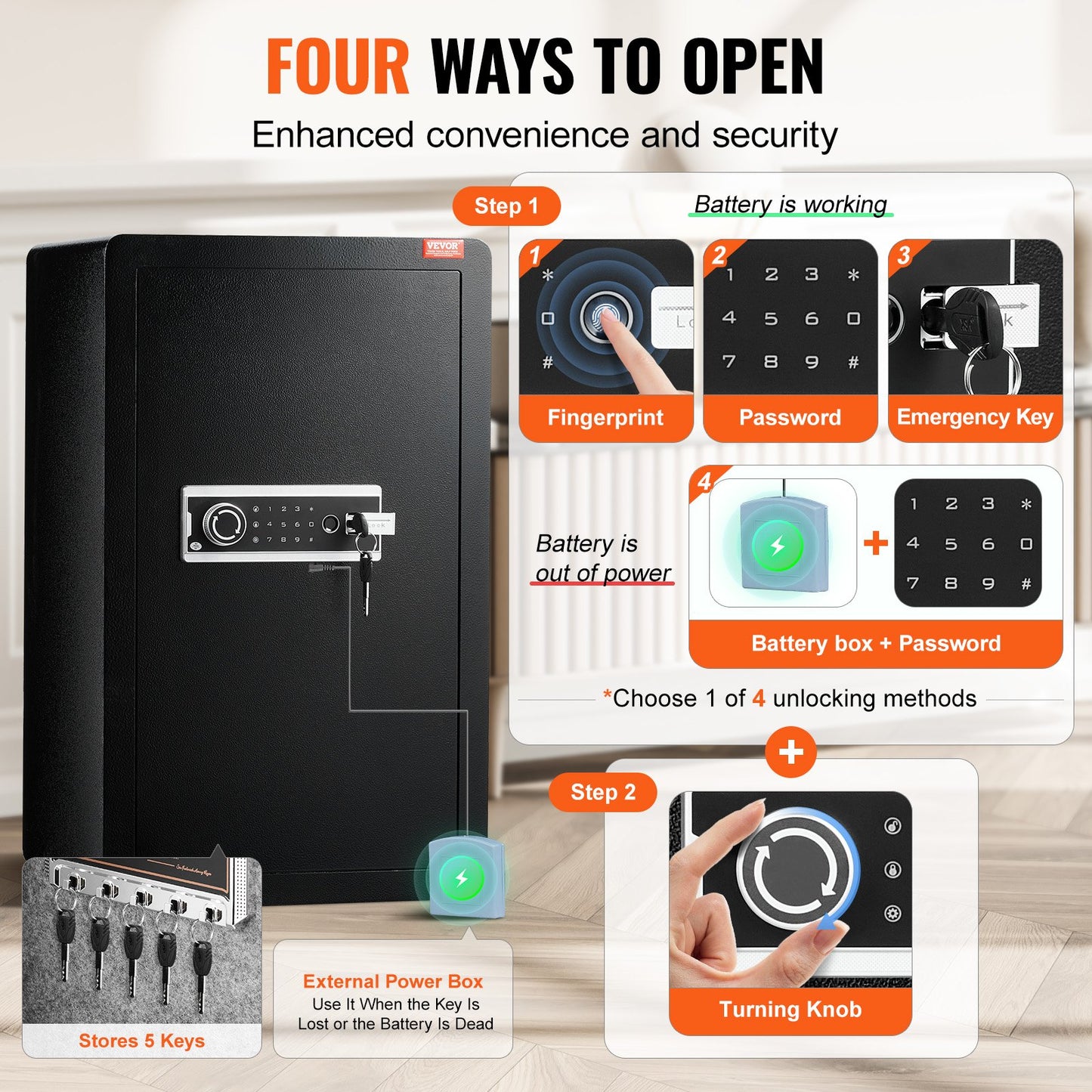 Single Door 113 L Safe Box with Key Lock, Password & Fingerprint, Safe Lock Box with Fireproof Bag, Key Rack, LED Light, and 2 Shelves for Money, Documents, Jewelry, and Valuables, Black