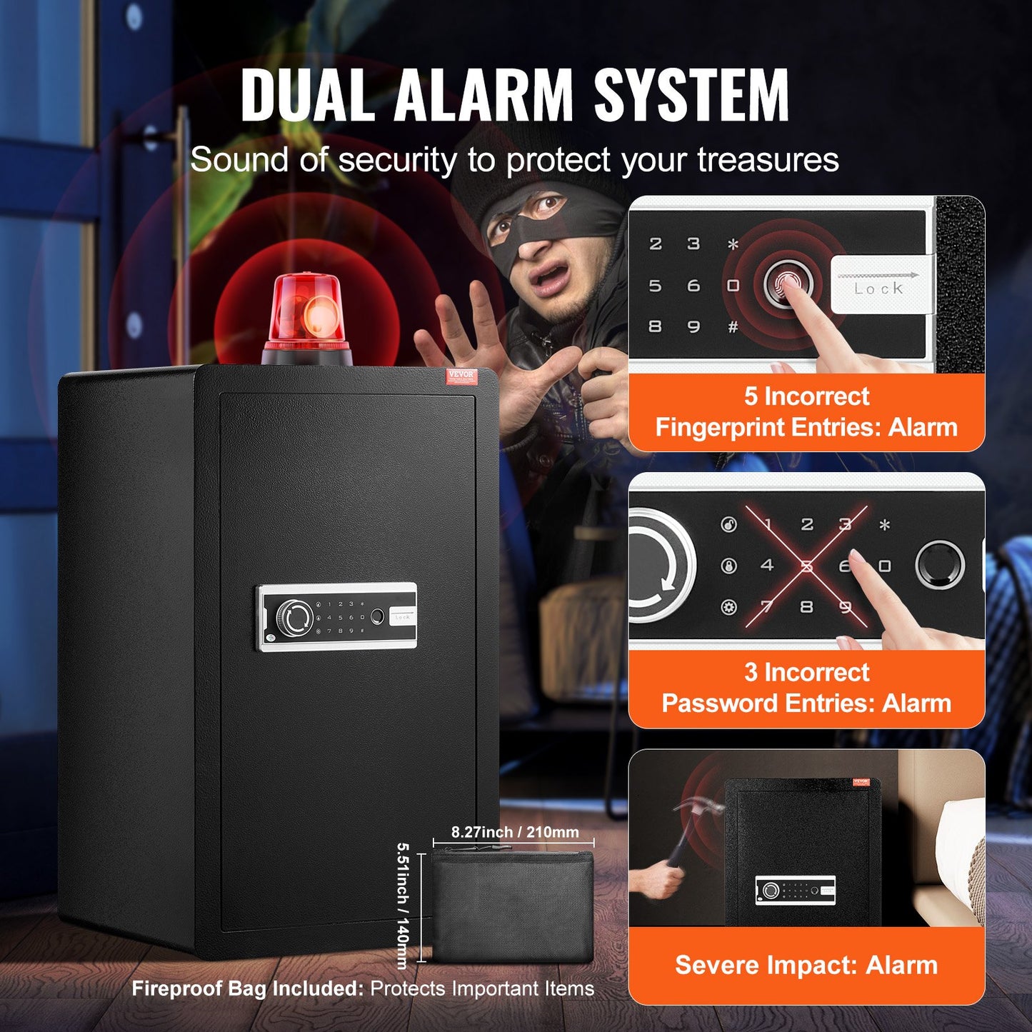 Single Door 113 L Safe Box with Key Lock, Password & Fingerprint, Safe Lock Box with Fireproof Bag, Key Rack, LED Light, and 2 Shelves for Money, Documents, Jewelry, and Valuables, Black