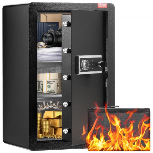 Single Door 99 L Safe Box with Key Lock & Password, Safe Lock Box with Fireproof Bag, Key Rack, LED Light, and 2 Shelves for Money, Documents, Jewelry, and Valuables, Black