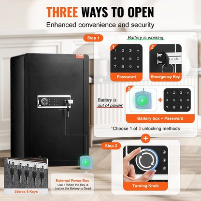 Single Door 113 L Safe Box with Key Lock & Password, Safe Lock Box with Fireproof Bag, Key Rack, LED Light, 2 Shelves, and 1 Cabinet for Money, Documents, Jewelry, and Valuables, Black