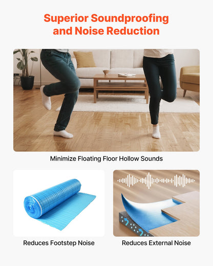 Golvunderlag 18,6 m²/rulle, 3-i-1 3 mm tjock golvstoppning med tejp och ångspärr, kraftigt EPE-skum med blå PE, ljudisolering och bullerreducering, idealisk för laminatträ