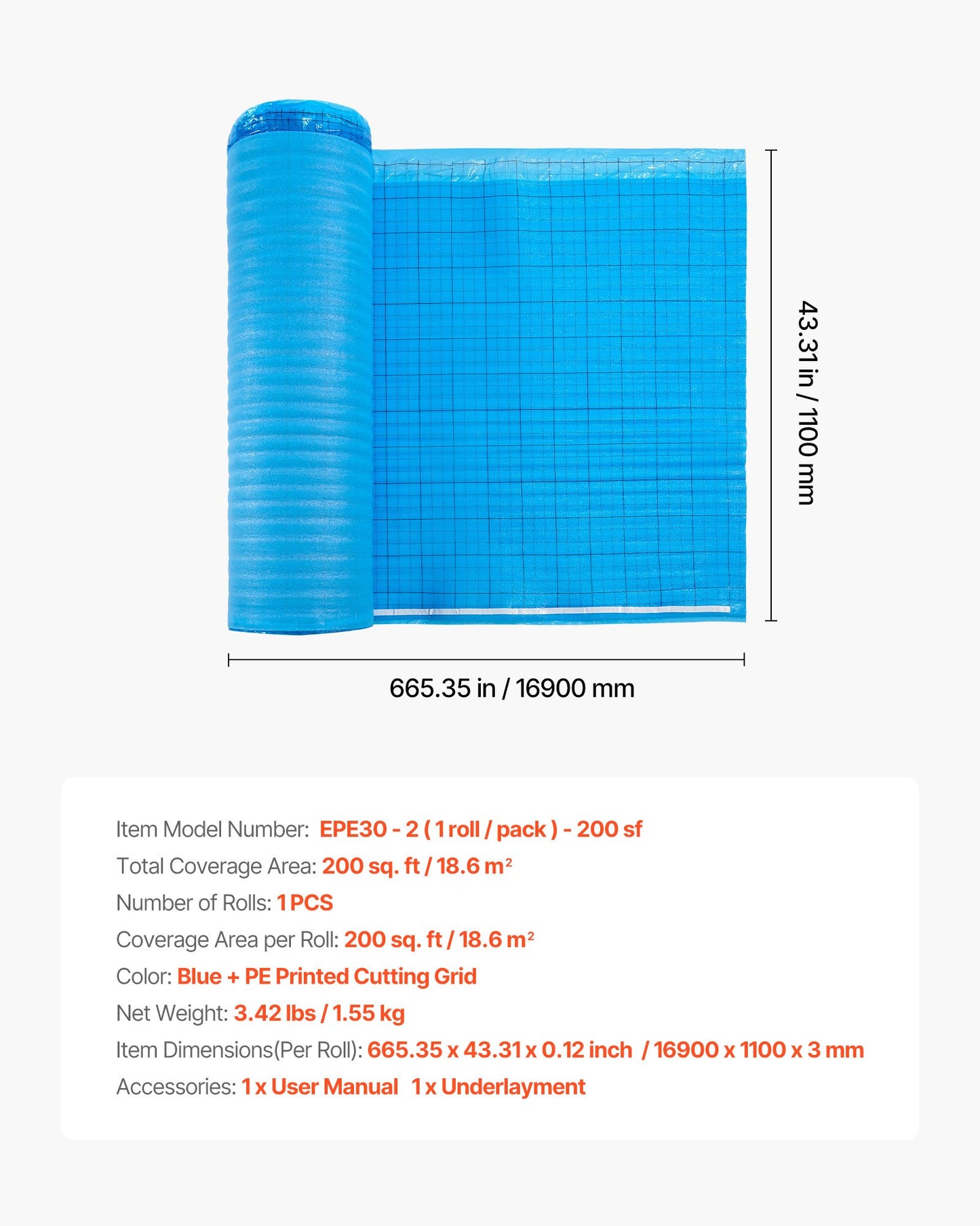 Golvunderlag 18,6 m²/rulle, 3-i-1 3 mm tjock golvstoppning med tejp och ångspärr, kraftigt EPE-skum med blå PE, ljudisolering och bullerreducering, idealisk för laminatträ