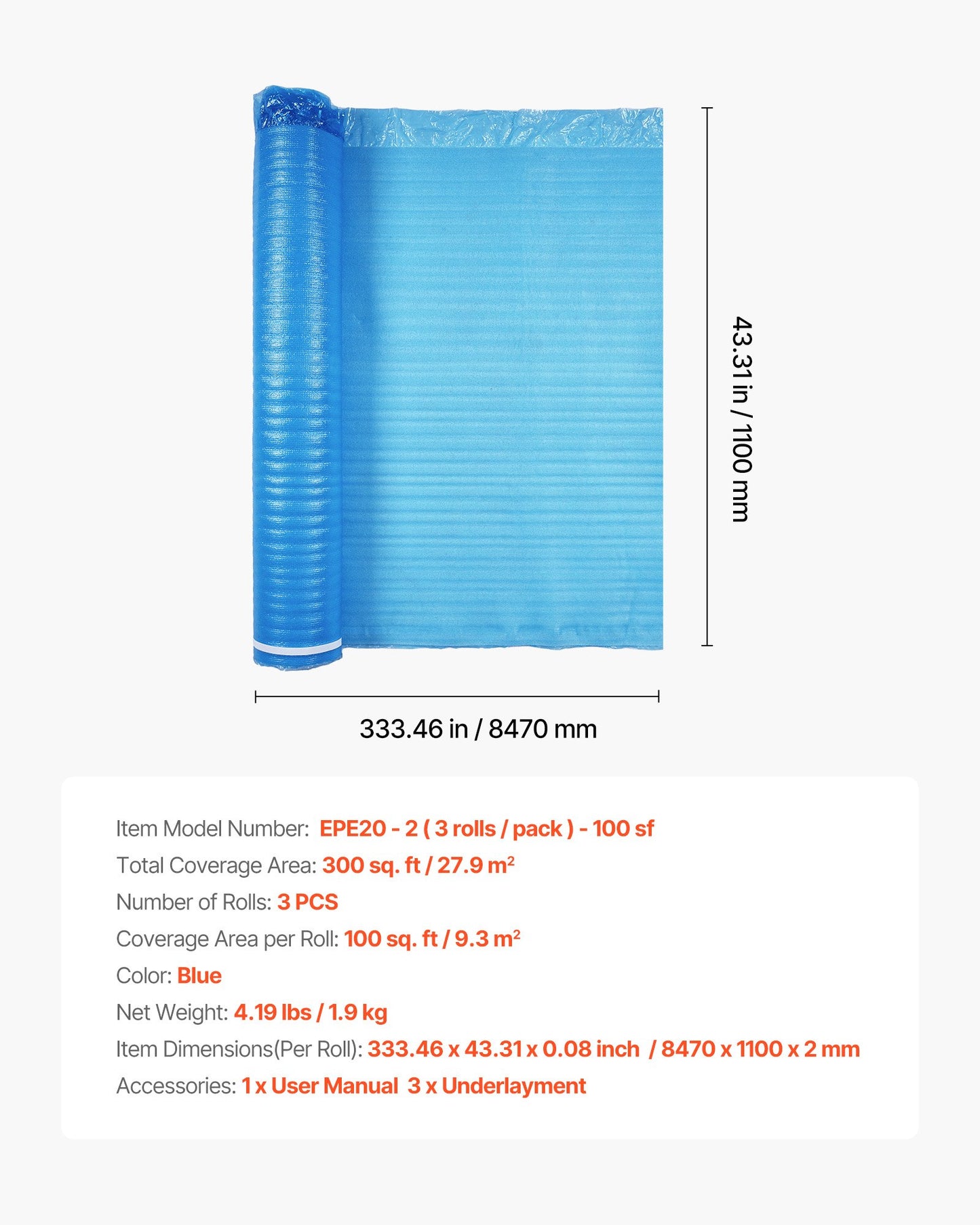 Golvunderlag 27,9 m², 3-i-1 3 mm tjock golvstoppning med tejp och ångspärr, kraftigt EPE-skum med blå PE, ljudisolering och brusreducering, för laminatträ (3 rullar x 9,3 m²)
