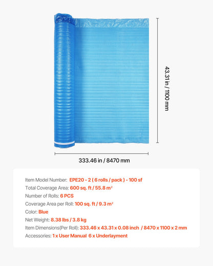 Golvunderlag 55,8 m², 3-i-1 2 mm tjock golvstoppning med tejp och ångspärr, kraftigt EPE-skum med blå PE, ljudisolering och brusreducering, för laminatträ (6 rullar x 9,3 m²)