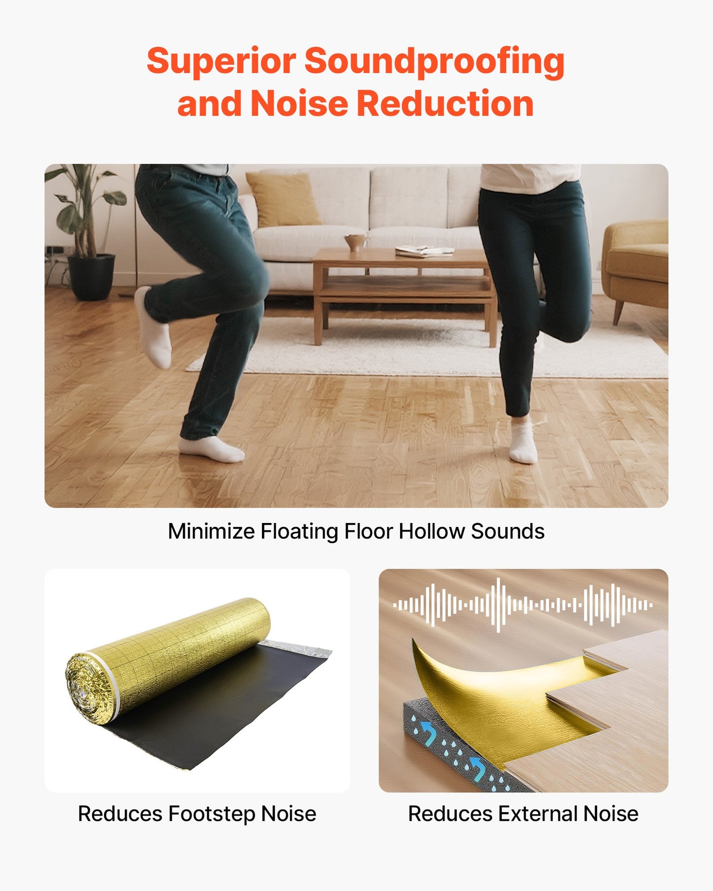 Golvunderlag 18,6 m²/rulle, 3 mm tjock golvstoppning med tejp och ångspärr, kraftigt EPE-skum med guldfärgad PE, ljudisolering och bullerreducering, perfekt för laminatgolv