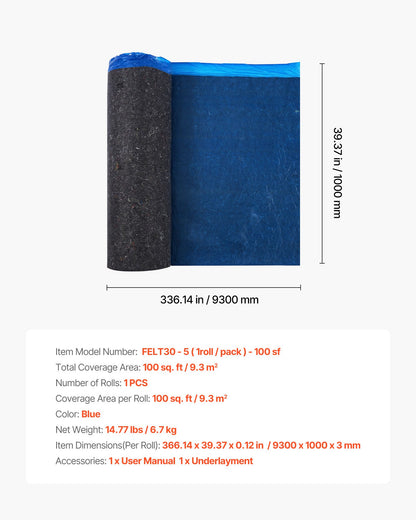 Golvunderlag 9,3 m²/rulle, 3 mm tjock laminatgolvstoppning med bifogad ångspärr, kraftig fiber + PE-film, ljudisolering och bullerreducering, perfekt för vinylgolv