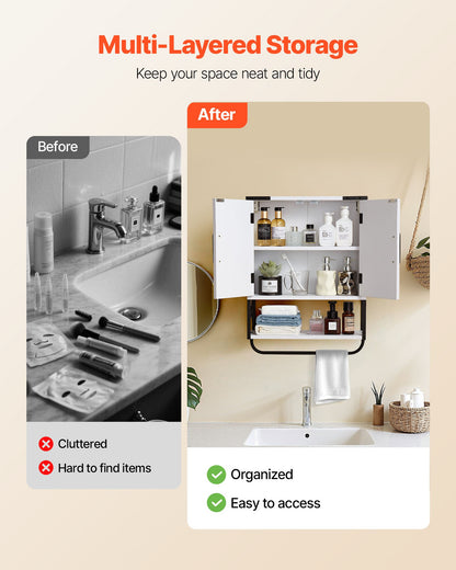 Badrumsskåp med väggmonterad förvaring över toaletten, hängande organisatör med öppen skiljevägg och handduksstång för tvättstuga/kök, vit
