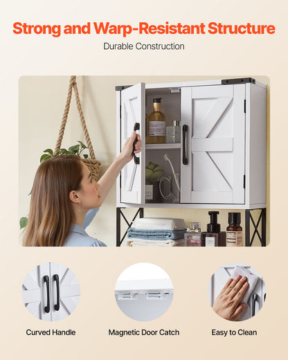 Badrumsskåp med väggmonterad förvaring över toaletten, hängande organisatör med öppen skiljevägg och handduksstång för tvättstuga/kök, vit