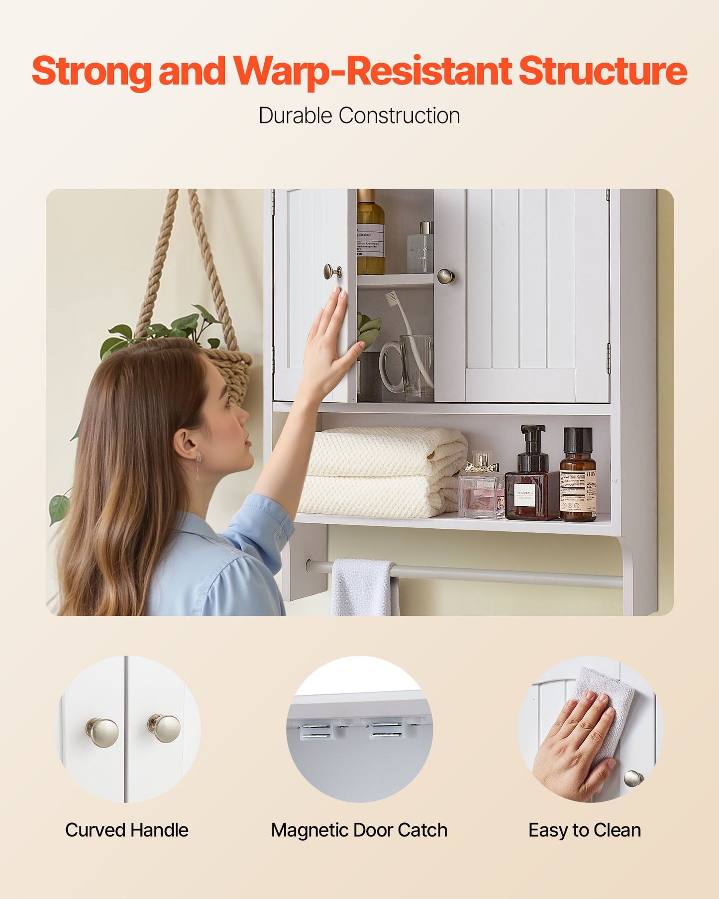 Badrumsskåp med 2 dörrar och justerbar hylla, förvaring över toaletten, väggmonterat medicinskåp, hängande organisatör med öppen skiljevägg och handduksstång för tvättstuga/kök, vit