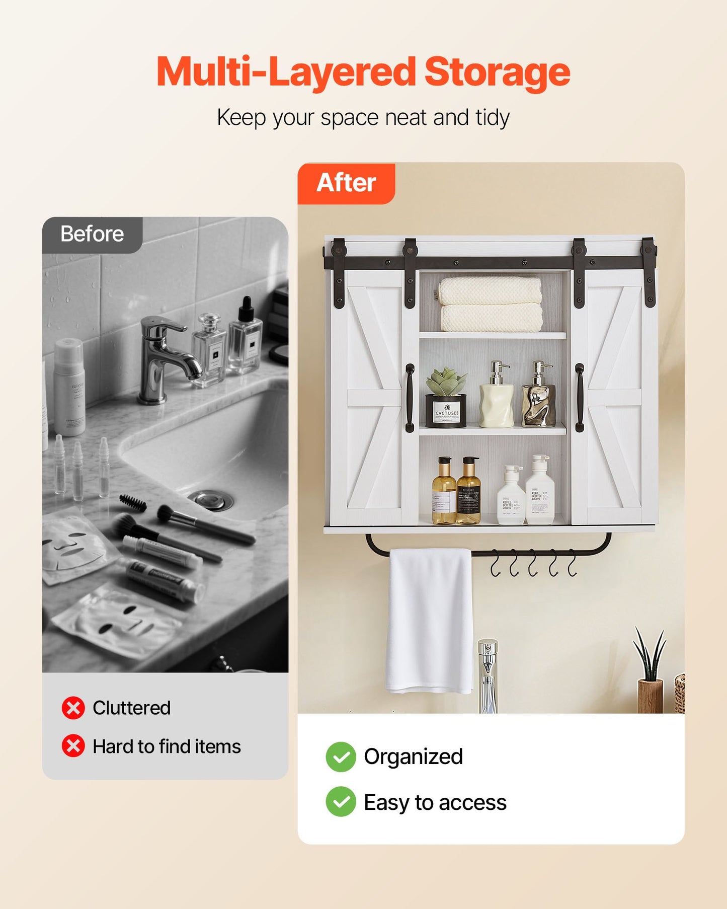 Badrumsskåp med 2 dörrar och justerbar hylla, förvaring över toaletten, väggmonterat medicinskåp, hängande organisatör med öppen skiljevägg/handduksstång/krokar för tvättstuga/kök, vit