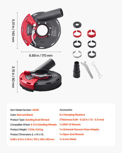 Grinding Dust Shroud for Angle Grinder, Universal 4-5 in, Surface Grinder Dust Shroud with 6 Clamping Washers, Connect to Vacuum Cleaner, Suitable for Grinding Wood Concrete Wall Stone
