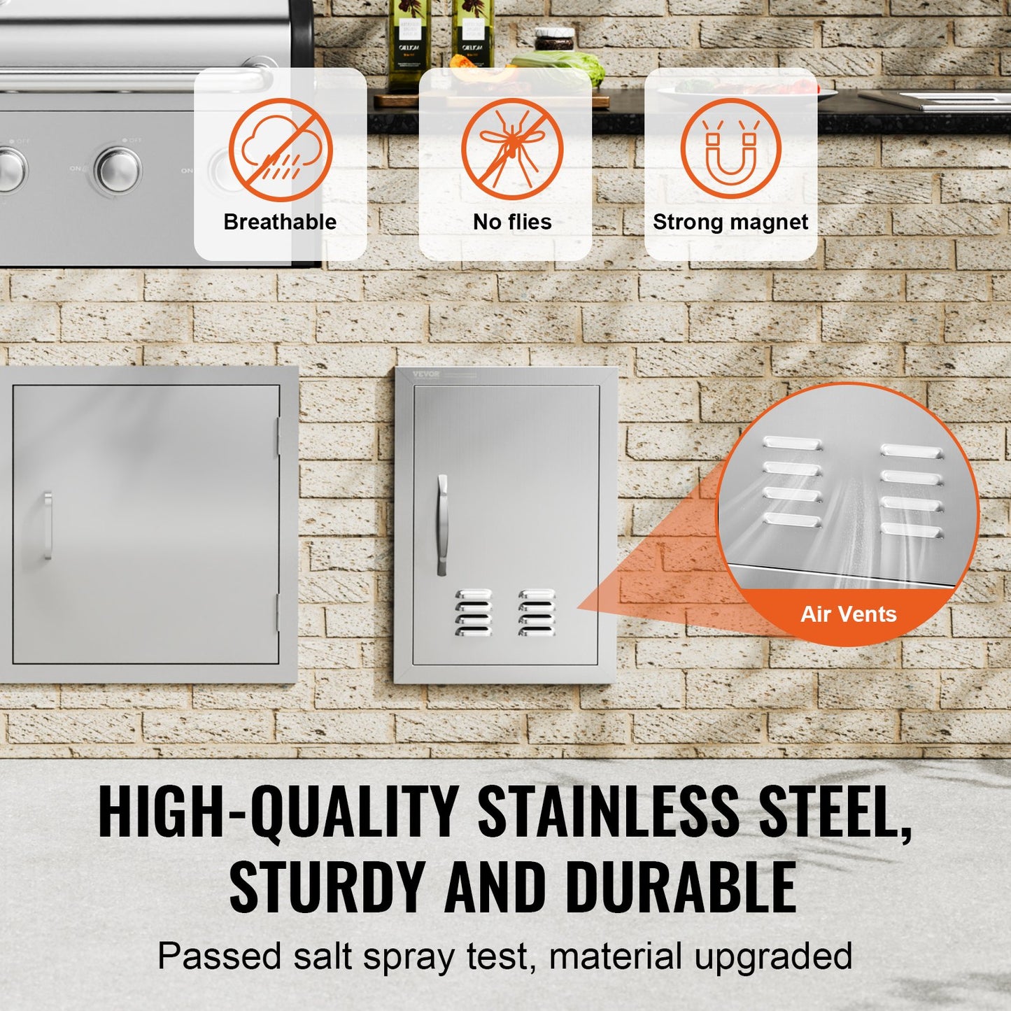 BBQ Access Door, 356x508 mm Single Outdoor Kitchen Door, Stainless Steel Flush Mount Door, Wall Vertical Door with Handle and vents, for BBQ Island, Grilling Station, Outside Cabinet