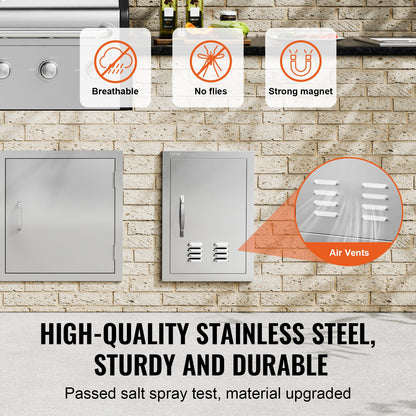BBQ Access Door, 356x508 mm Single Outdoor Kitchen Door, Stainless Steel Flush Mount Door, Wall Vertical Door with Handle and vents, for BBQ Island, Grilling Station, Outside Cabinet