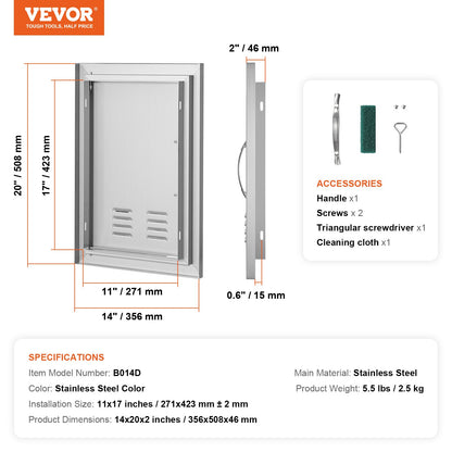 BBQ Access Door, 356x508 mm Single Outdoor Kitchen Door, Stainless Steel Flush Mount Door, Wall Vertical Door with Handle and vents, for BBQ Island, Grilling Station, Outside Cabinet