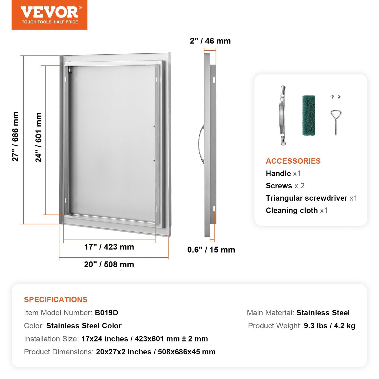 BBQ Access Door, 508x686 mm Single Outdoor Kitchen Door, Stainless Steel Flush Mount Door, Wall Vertical Door with Handle, for BBQ Island, Grilling Station, Outside Cabinet