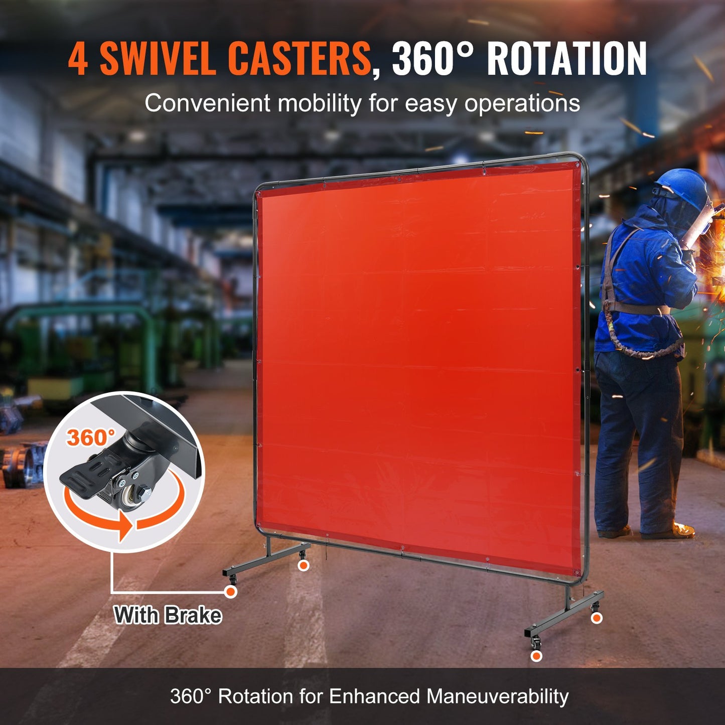 Welding Screen with Frame, 1.8 x 1.8 m Welding Curtain Screen, Flame-Resistant Vinyl Welding Protection Screen on 4 Swivel Wheels (2 Lockable), Moveable & Professional for Workshop/Industrial, Red