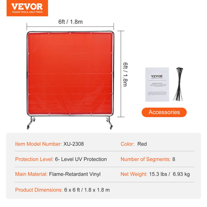 Welding Screen with Frame, 1.8 x 1.8 m Welding Curtain Screen, Flame-Resistant Vinyl Welding Protection Screen on 4 Swivel Wheels (2 Lockable), Moveable & Professional for Workshop/Industrial, Red