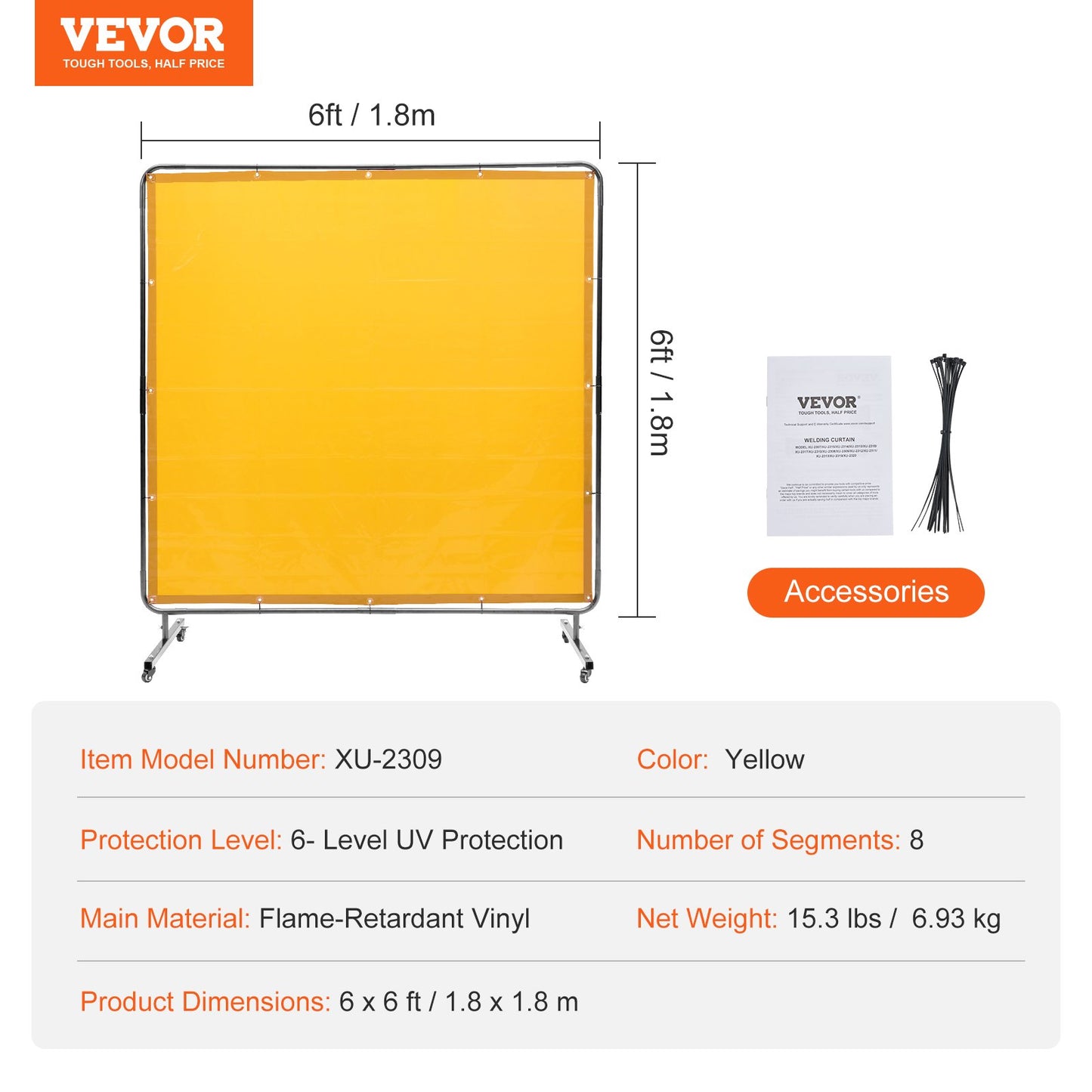 Welding Screen with Frame, 6' x 6' Welding Curtain Screen, Flame-Resistant Vinyl Welding Protection Screen on 4 Swivel Wheel (2 Lockable), Moveable & Professional for Workshop/Industrial, Yellow