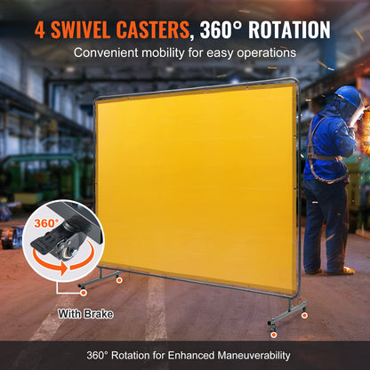 Welding Screen with Frame, 6' x 8' Welding Curtain Screen, Flame-Resistant Vinyl Welding Protection Screen on 4 Swivel Wheel (2 Lockable), Moveable & Professional for Workshop/Industrial, Yellow