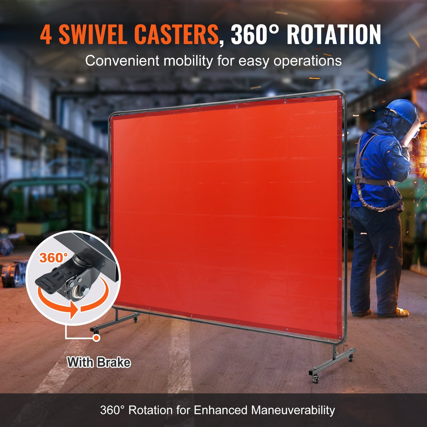 Welding Screen with Frame, 1.83 x 2.44 m Welding Curtain Screen, Flame-Resistant Vinyl Welding Protection Screen on 4 Swivel Wheels (2 Lockable), Moveable & Professional for Workshop/Industrial, Red