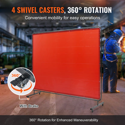 Welding Screen with Frame, 1.83 x 2.44 m Welding Curtain Screen, Flame-Resistant Vinyl Welding Protection Screen on 4 Swivel Wheels (2 Lockable), Moveable & Professional for Workshop/Industrial, Red