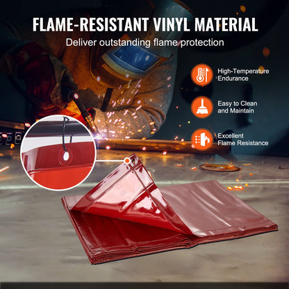 Welding Screen with Frame, 1.83 x 2.44 m Welding Curtain Screen, Flame-Resistant Vinyl Welding Protection Screen on 4 Swivel Wheels (2 Lockable), Moveable & Professional for Workshop/Industrial, Red