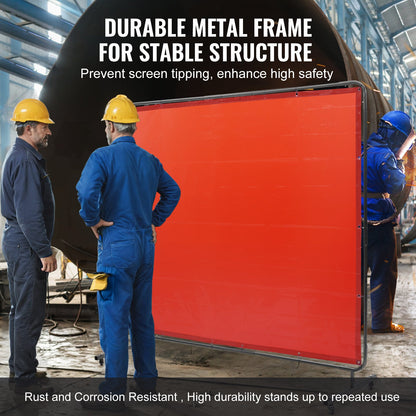 Welding Screen with Frame, 1.83 x 2.44 m Welding Curtain Screen, Flame-Resistant Vinyl Welding Protection Screen on 4 Swivel Wheels (2 Lockable), Moveable & Professional for Workshop/Industrial, Red